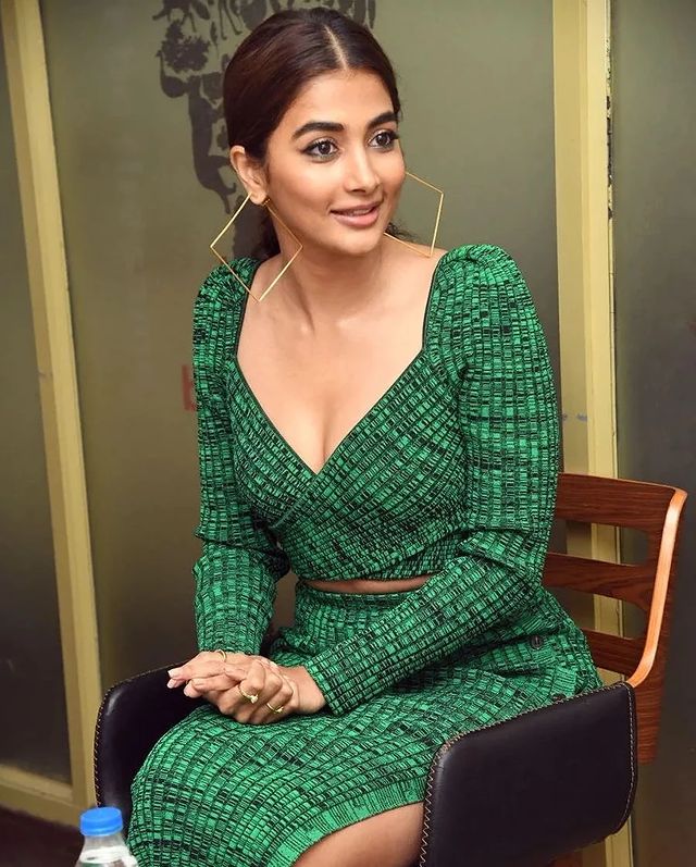 Pooja hegde in green colour dress glamour photoshoot