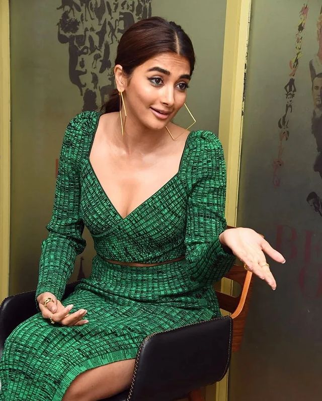 Pooja hegde in green colour dress glamour photoshoot