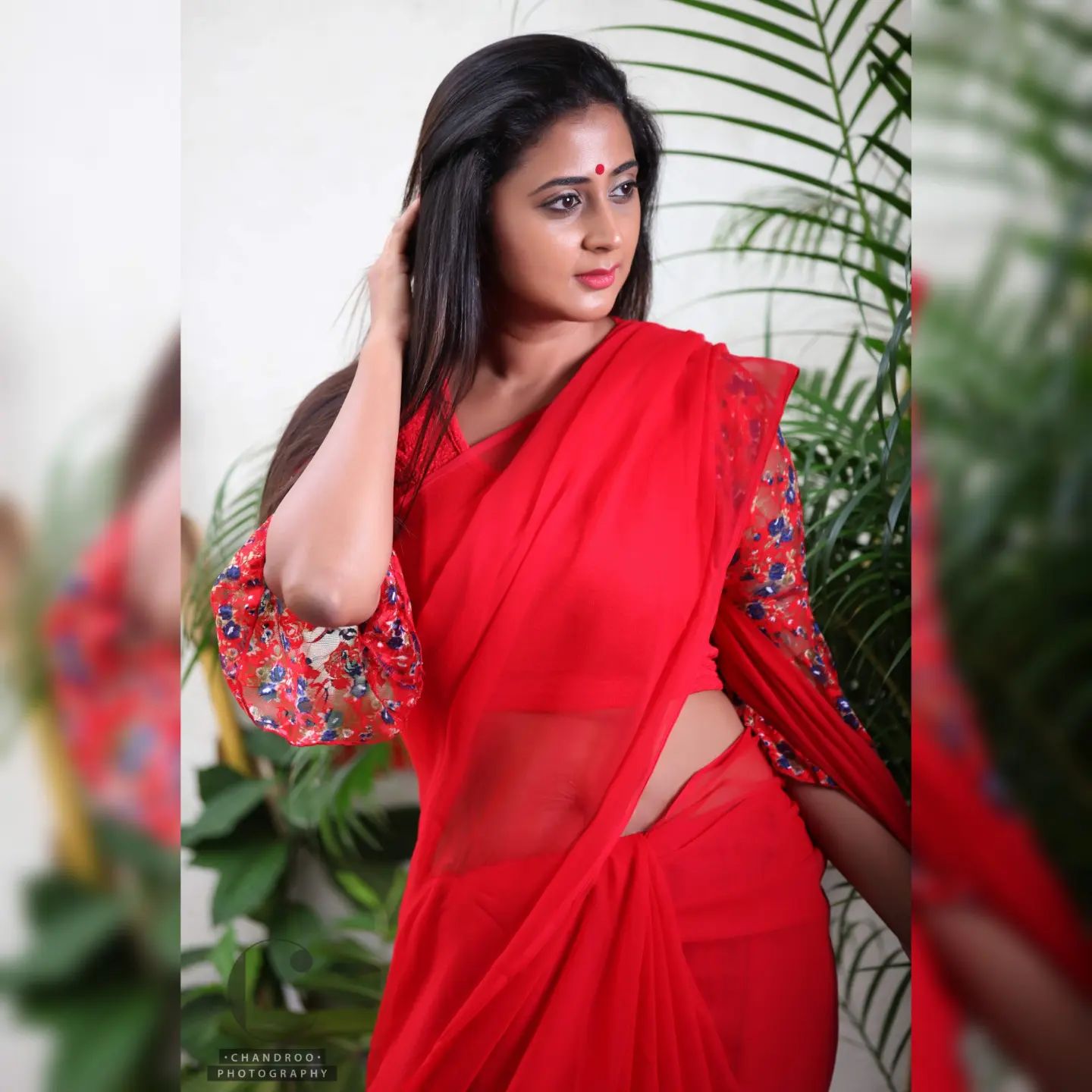 Kaniha posing in red hot saree photos on social media
