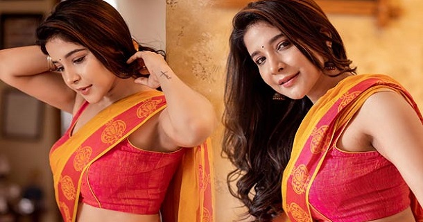 Sakshi agarwal hot show in sandal colour sleeveless blouse and saree