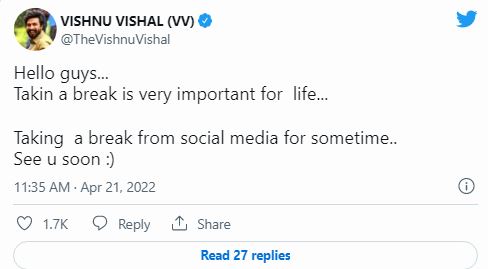 Vishnu vishal announces break from social media platform through tweet