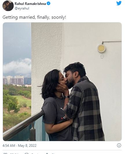 Arjun reddy fame actor ragul ramakrishna posts kissing photo with her fiance announcing marriage