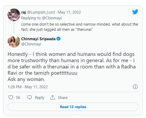 Chinmaiyi posts about radha ravi and vairamuthu in a post comparing dog