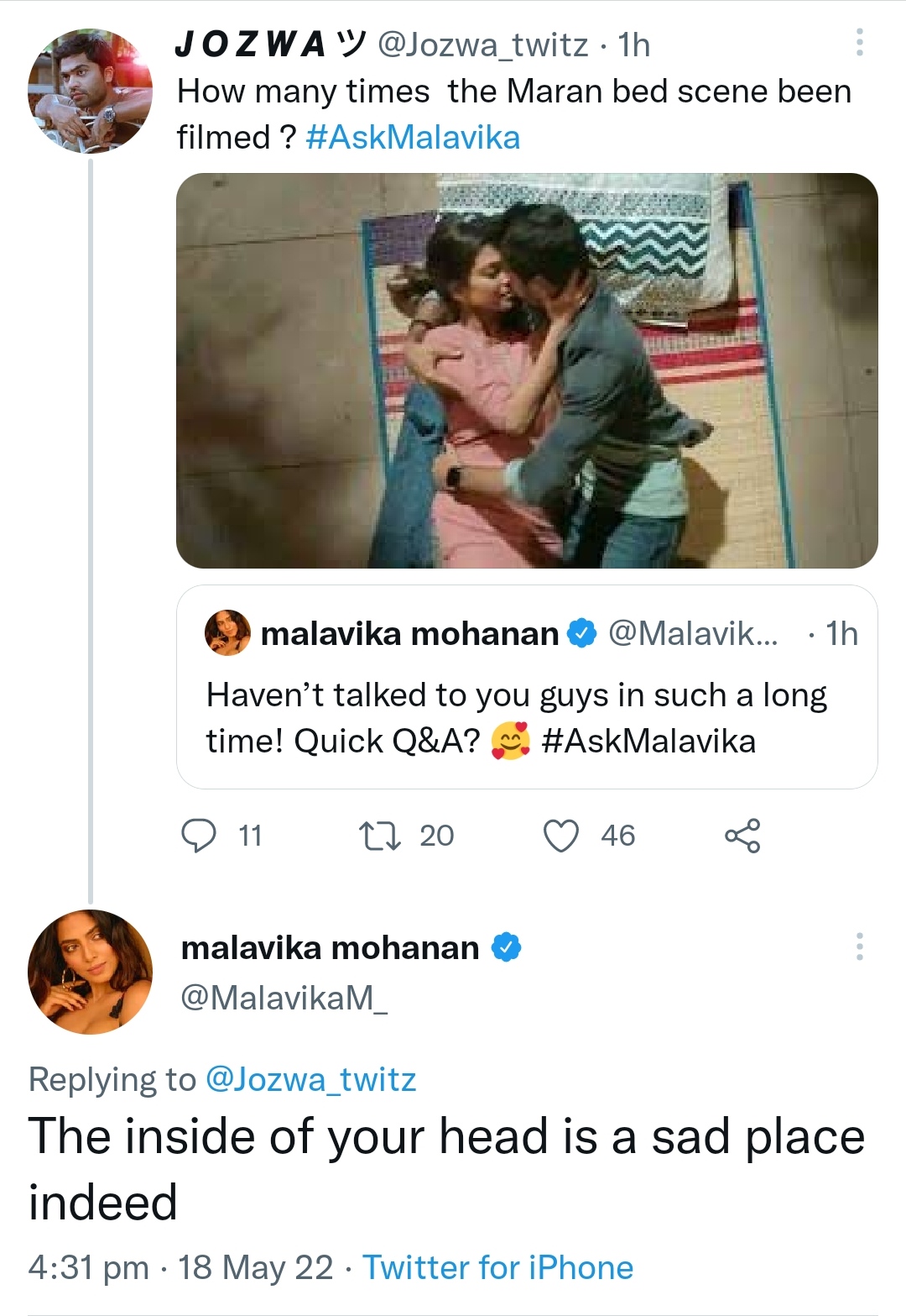 Malavika mohanan answers simply to fan who asked indirect question