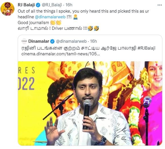 Rj balaji tweets about popular magazine headline on his speech