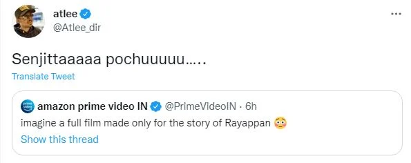 Atlee tweets about rayappan bigil for amazon prime tweet