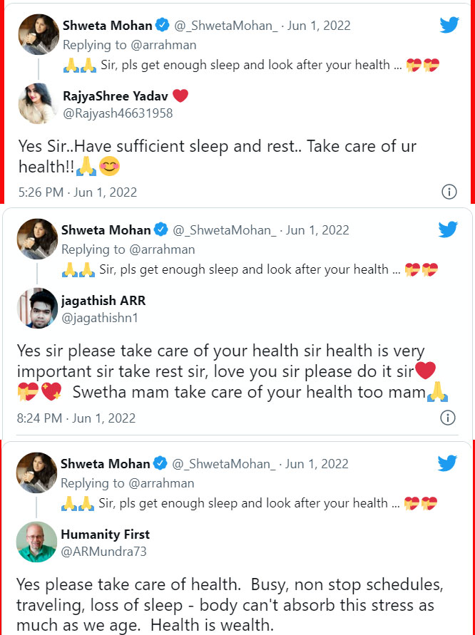 Popular singer shwetha mohan tweets to take care of arrahman health