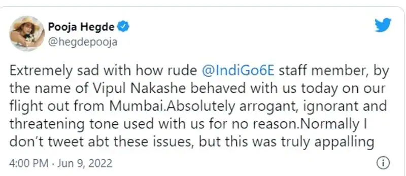 Pooja hegde posts about arrogant treat of indigo employee