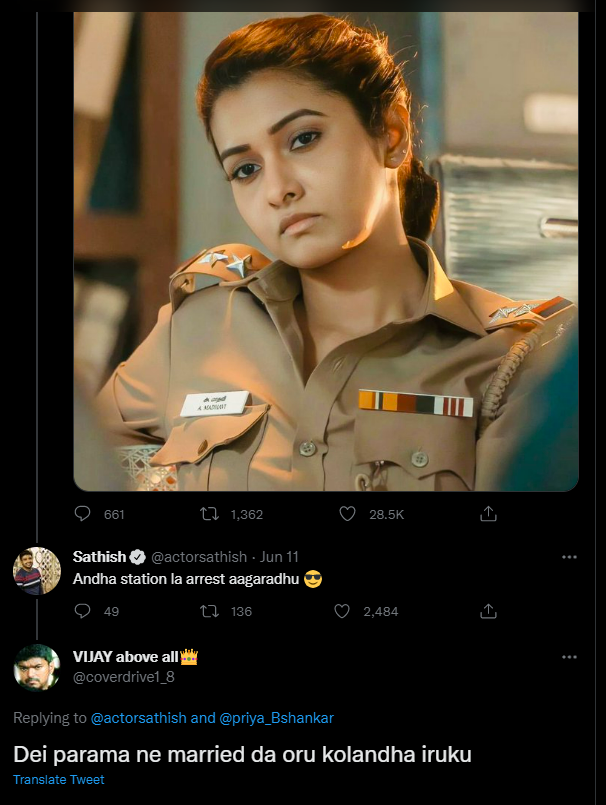 Sathish comment for priya bhavani shankar post made netizens to troll actor sathish