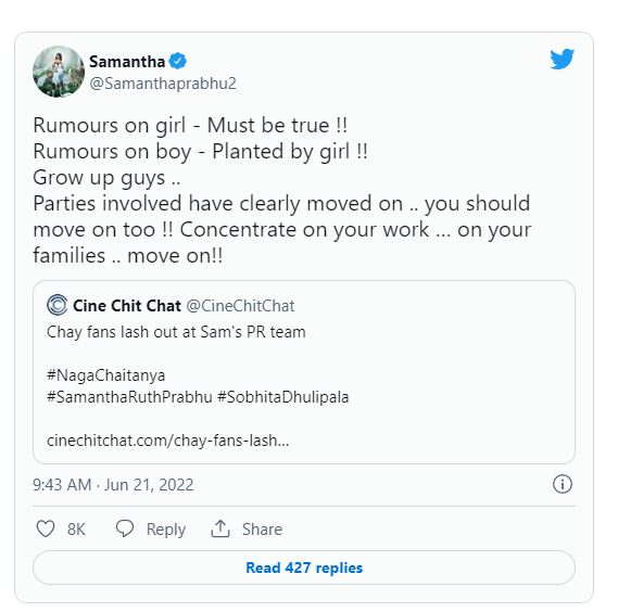 Samantha tweets about rumours spreading about naga chaitanya and actress shobita