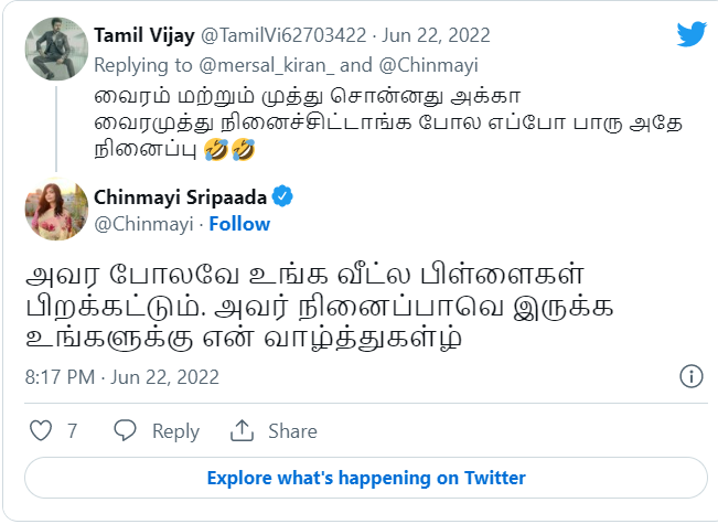 Chinmayi replies for netizen who trolled new born babies with vairamuthu