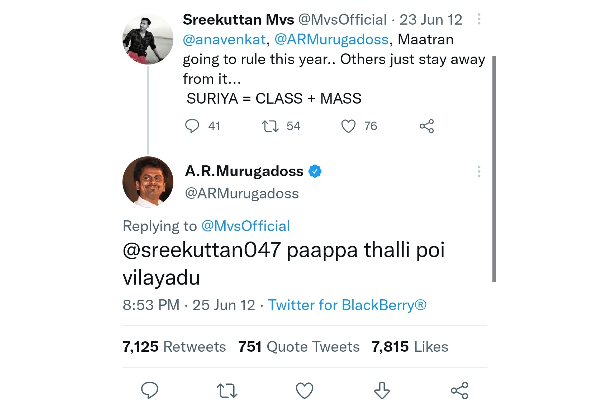 Ar murugadoss replies for tweet from surya fan about thupakki movie