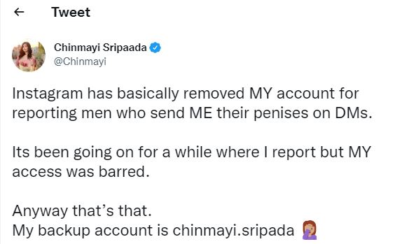 Singer chinmayi instagram account got suspended