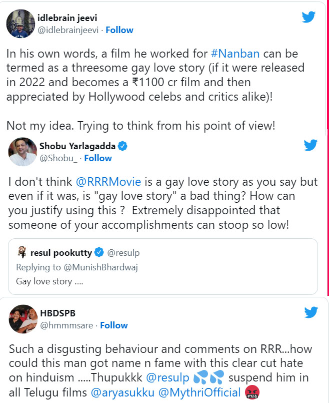 Rrr movie commented as gay story by resul pookutty getting viral on social media