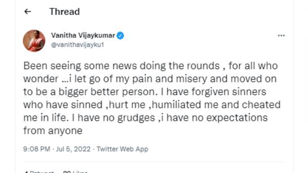 Vanitha vijayakumar tweets about people who have hurted her post getting viral