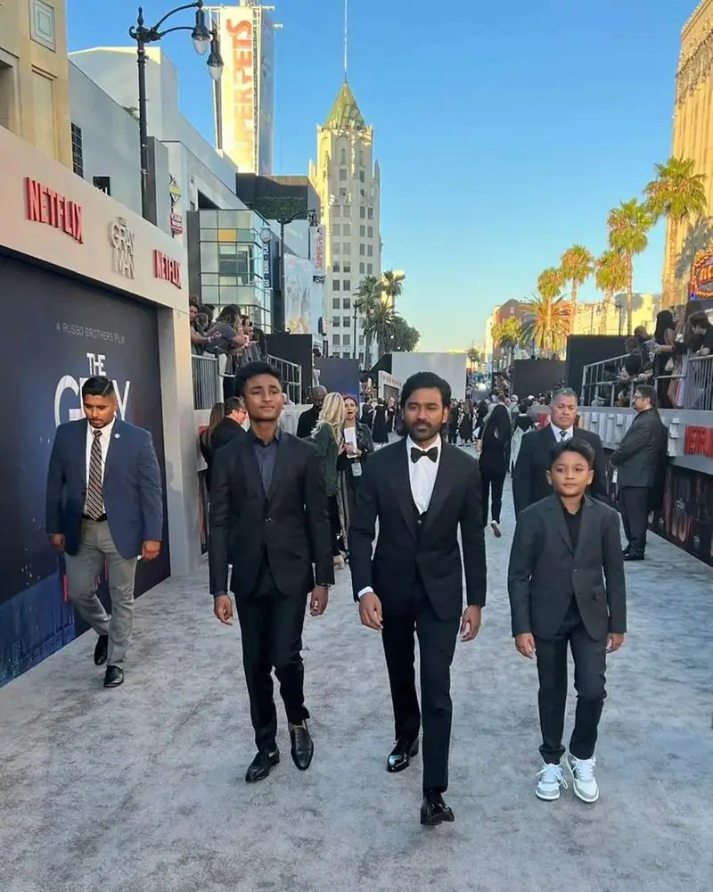 Dhanush with his sons in the gray man movie promotion
