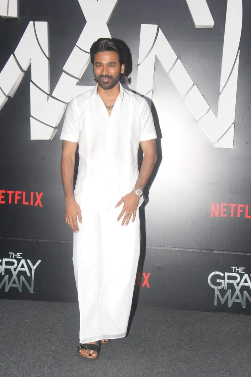 Dhanush came in dhoti set for the grey man hollywood movie promotion