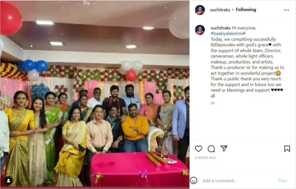 suchitra posts photo thanking baakiyalakshmi serial team