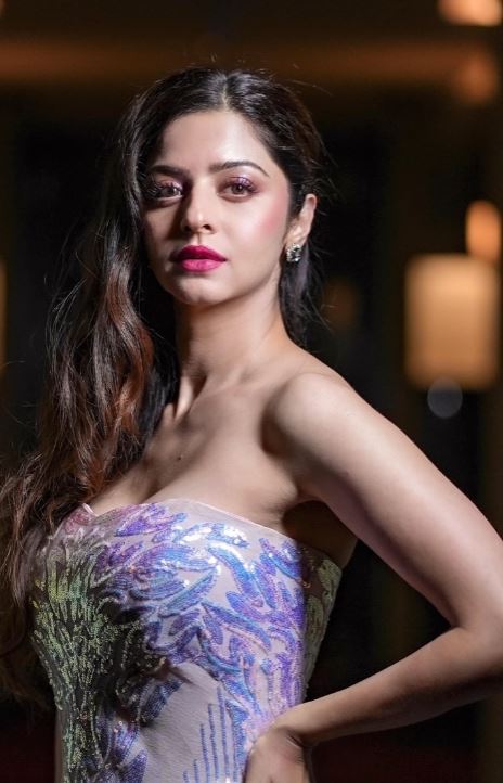 actress vedhika hot photos in netted full dress without sleeve