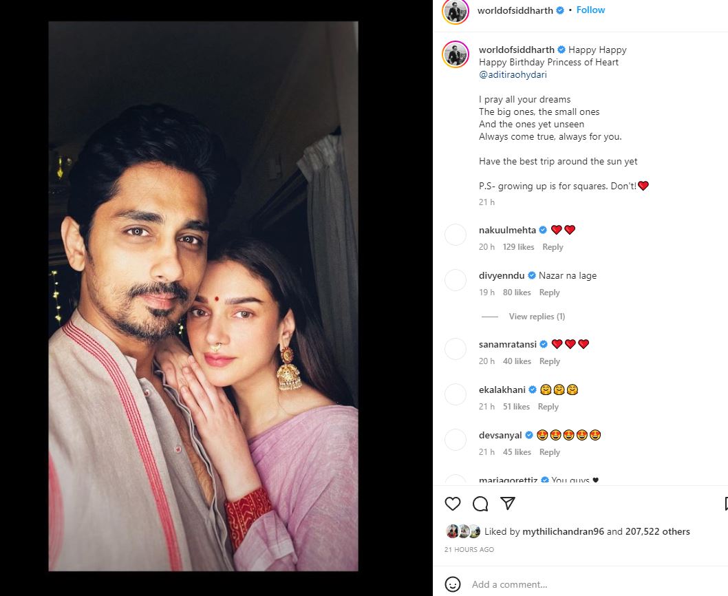 siddharth confirms aditi rao love relationship by posting photo