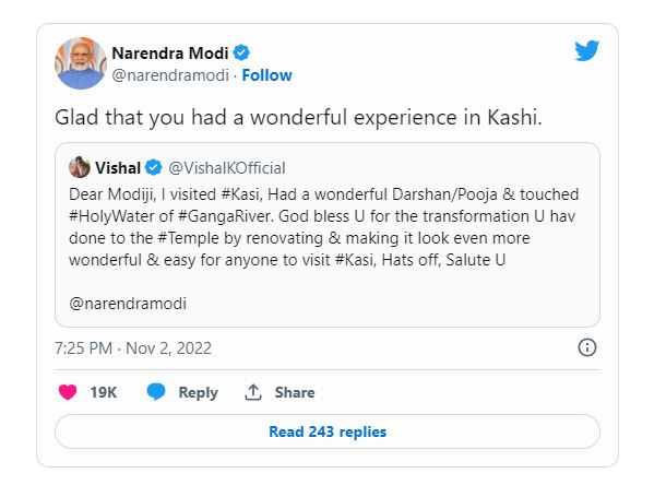 vishal tweets about visit to kasi temple tagging narendra modi and modi reply tweet getting viral