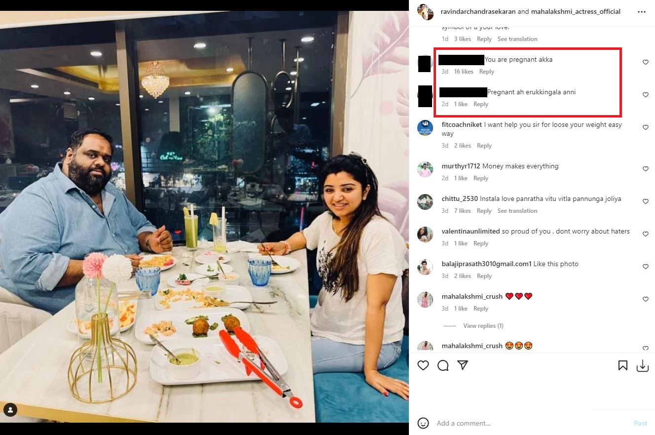 netizens doubt whether mahalakshmi is pregnant because of ravinder recent post