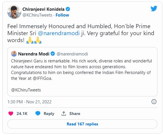 modi wishes actor chiranjeevi for his pretigious award tweet getting viral