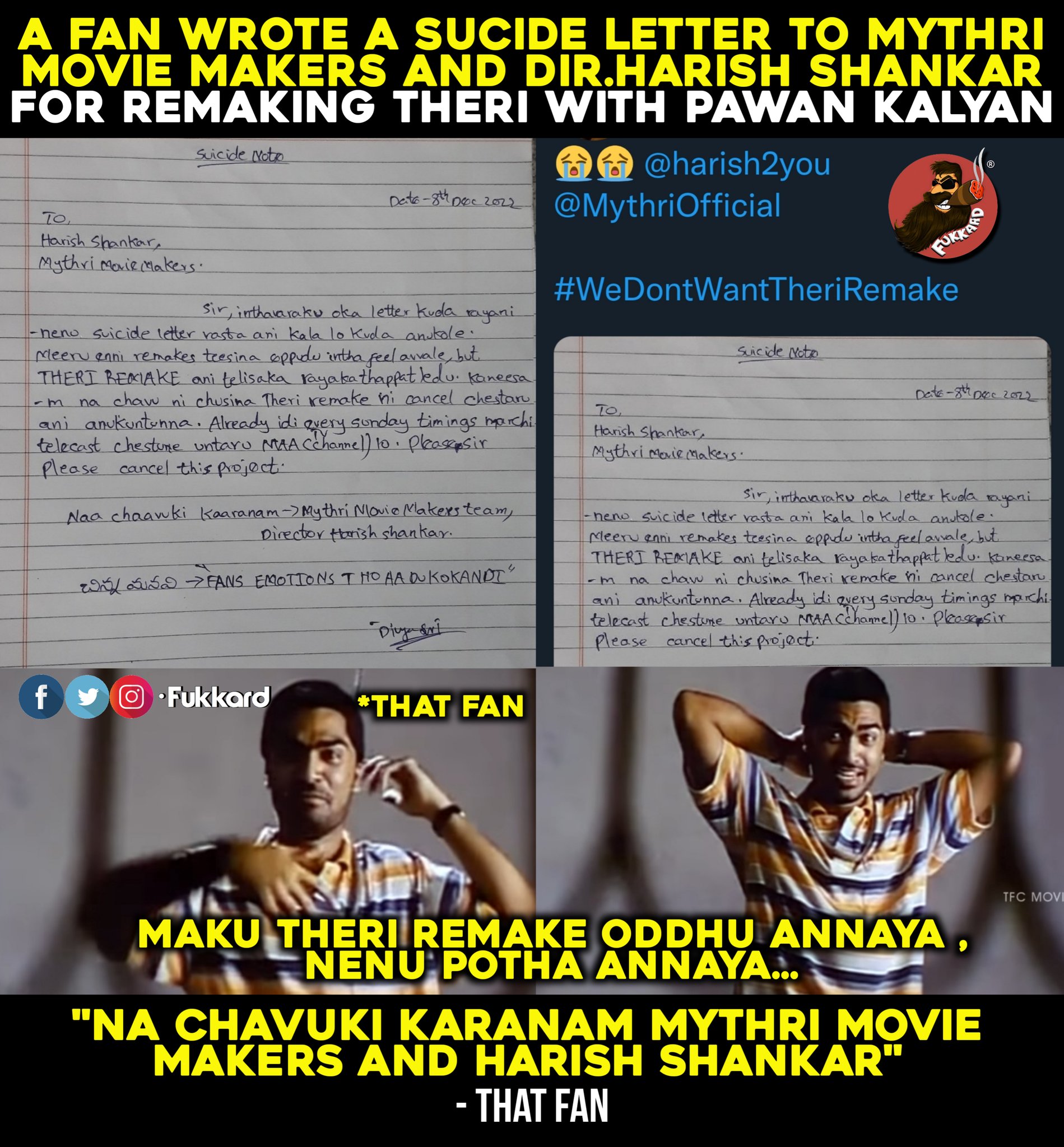 fan girl suicide note on pawan kalyan acting in theri movie remake made twitter trending