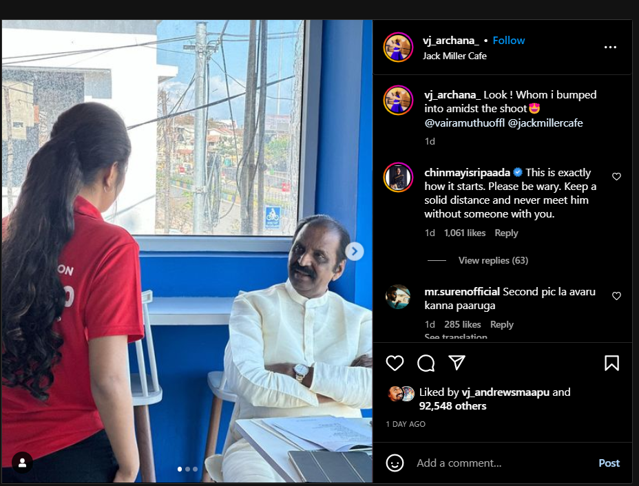chinmayi warning comment on raja rani archana photo with vairamuthu getting trending and viral