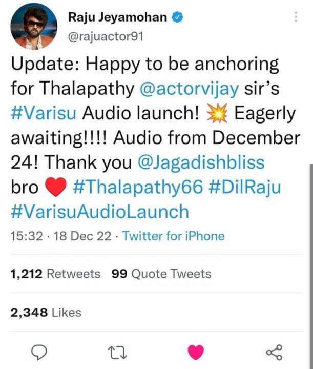 vijay tv celebrity raju jeyamohan announced the varisu audio launch date prior announcement and deleted later