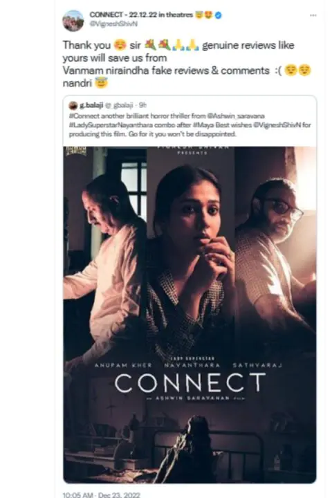 vignesh shivan tweets as many fake reviews and comments for connect movie due to vanmam getting trolled by netizens