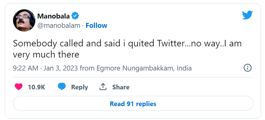 rumours spreading manobala quitted twitter his reply getting viral