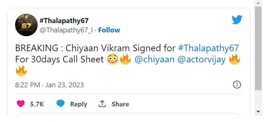chiyaan vikram signed for thalapathy67 movie tweet getting viral on social media