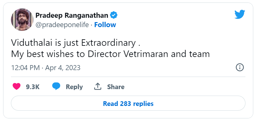 pradeep ranganathan tweet on vetrimaran viduthalai movie and review getting viral